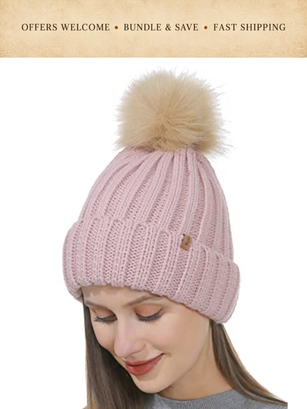 Cable Knit Beanie with Faux Fur Pompom Warm Winter Hat